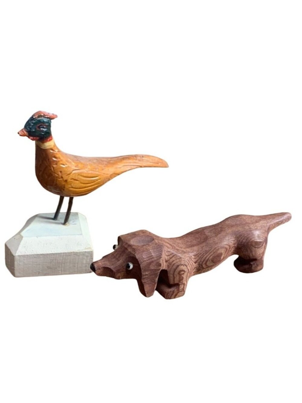 Hand-Carved Wood Bird & Dachshund Figurines